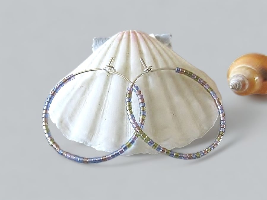 Dainty Rainbow Purple Seed Beads Hoops Earrings - Select Size