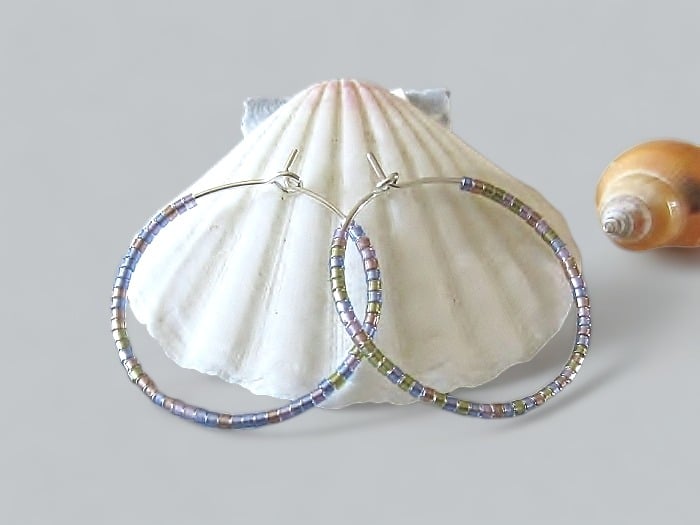 Dainty Rainbow Purple Seed Beads Hoops Earrings - Select Size