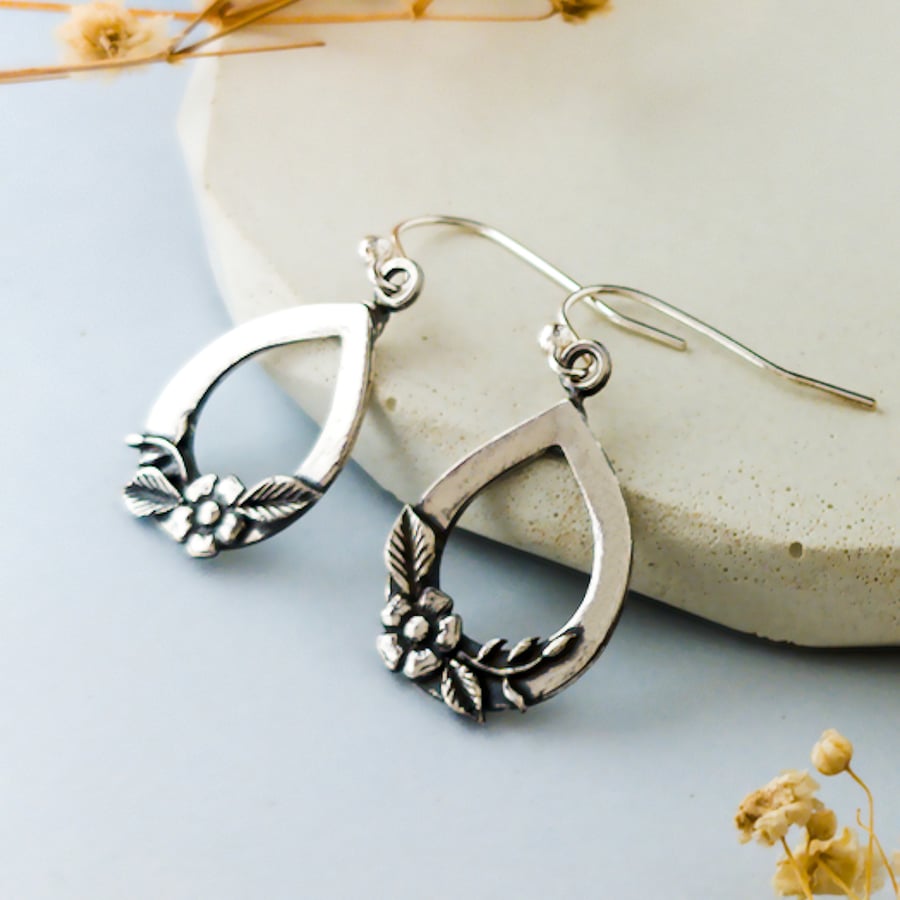 Teardrop Flower Earrings, Recycled Silver Earrings, Nature Inspired