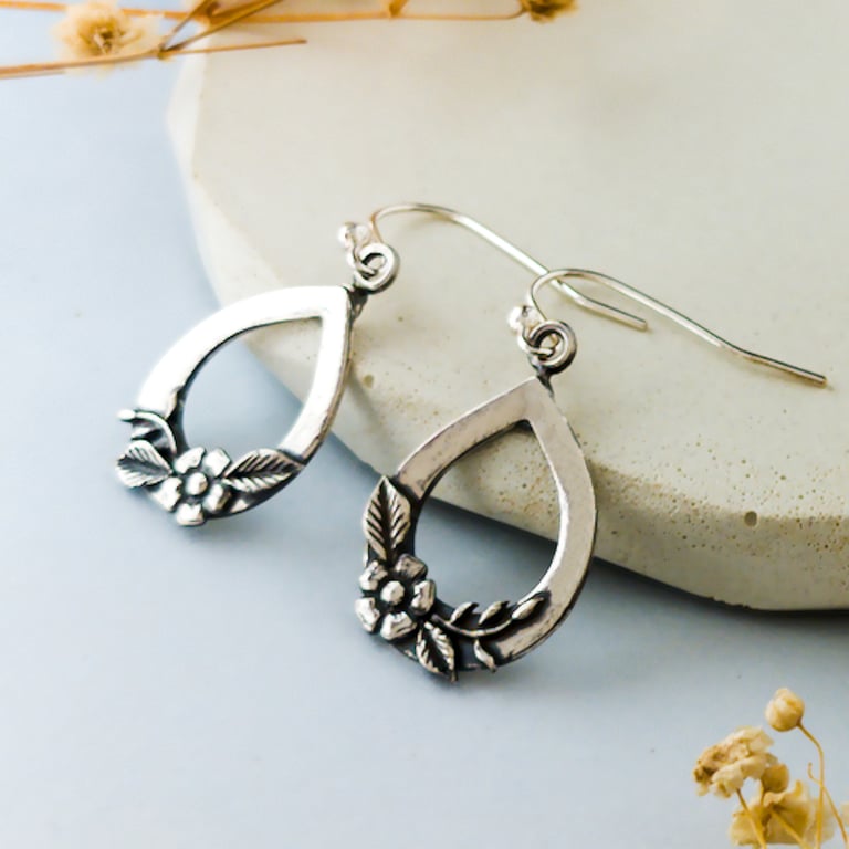 Teardrop Flower Earrings, Recycled Silver Earrings, Nature Inspired