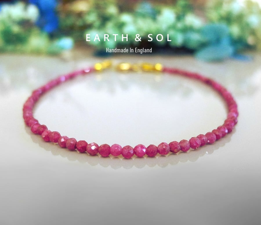 Ruby Gemstone Bracelet. 2mm Faceted Beads. Sterling Silver or Gold Filled