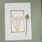 Papaver - Poppy seed head Lino print Gold