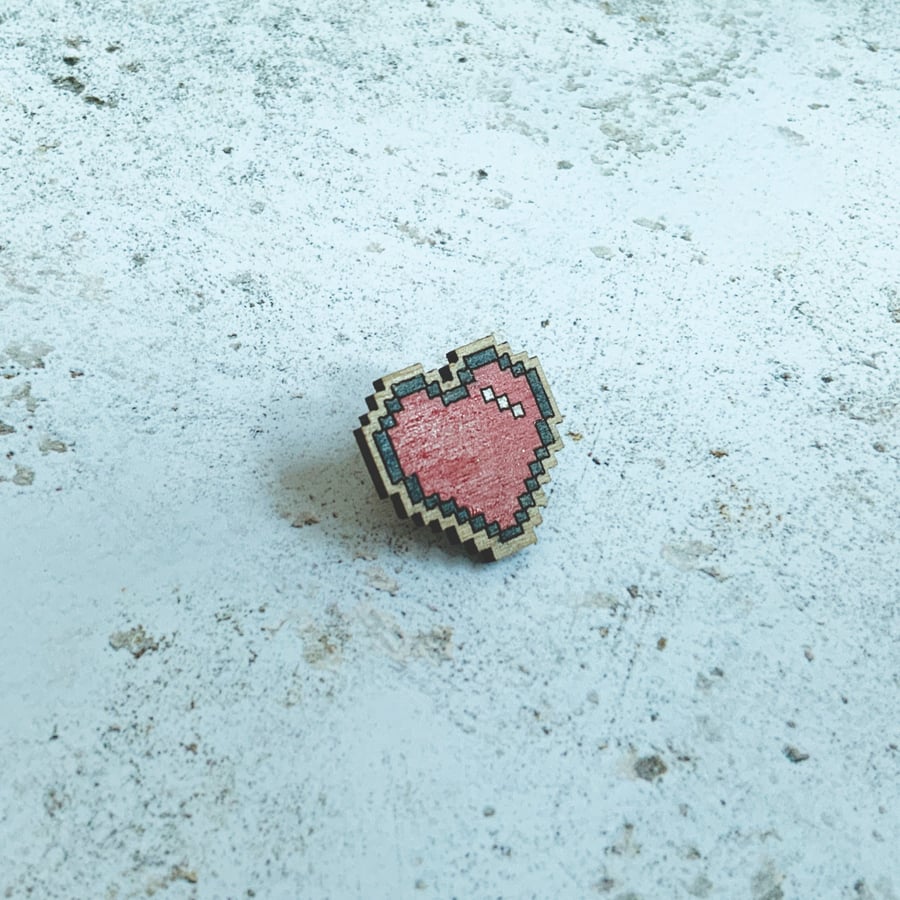 Pixel Heart Pin - hand painted wooden pixel heart pin button