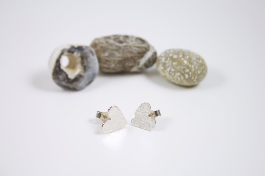 Hammered Silver Heart Stud Earrings