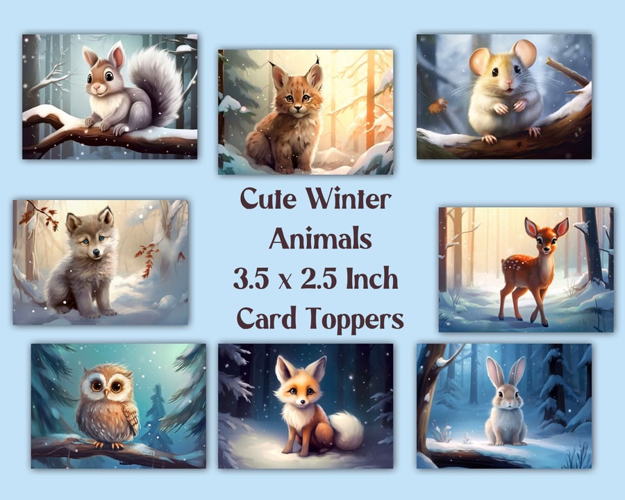 Cute Winter Animals Set of 8 Aceo Size Card Toppers for Card Making