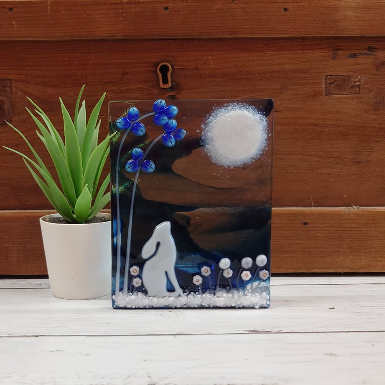 Moon Gazing Hare Tealight Holder, Unique Handmade Fused Glass Gift