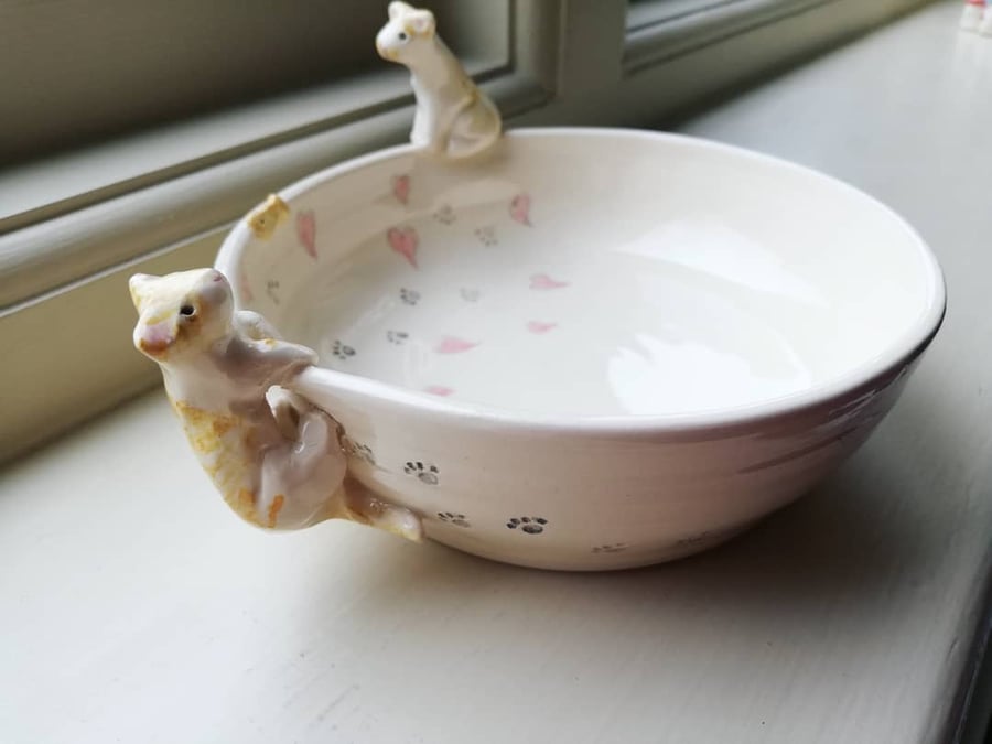 Handmade bespoke cat bowl with pawprints 1 or 2 cats & hearts or stars or dots