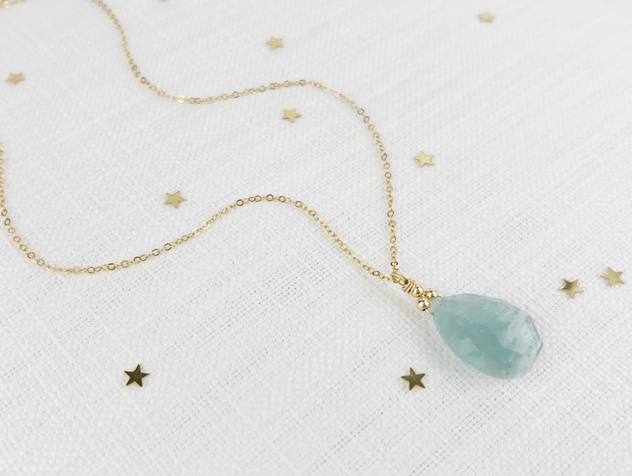 Chunky Statement Rustic Aquamarine Gemstone Necklace in Gold Filled
