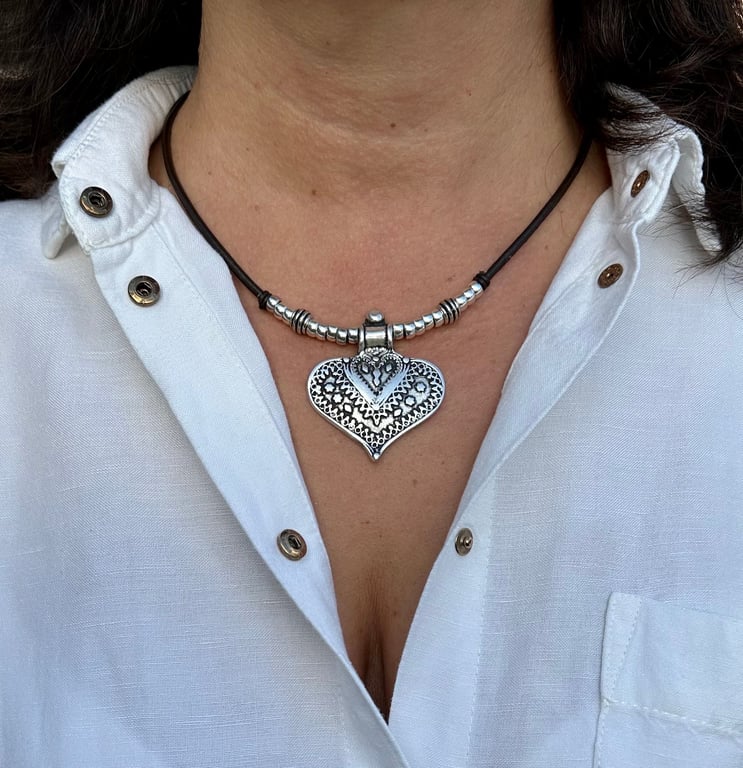 Women's Leather Necklace, Heart Pendant Beaded Necklace, Boho Jewellery