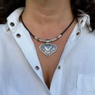 Women's Leather Necklace, Heart Pendant Beaded Necklace, Boho Jewellery