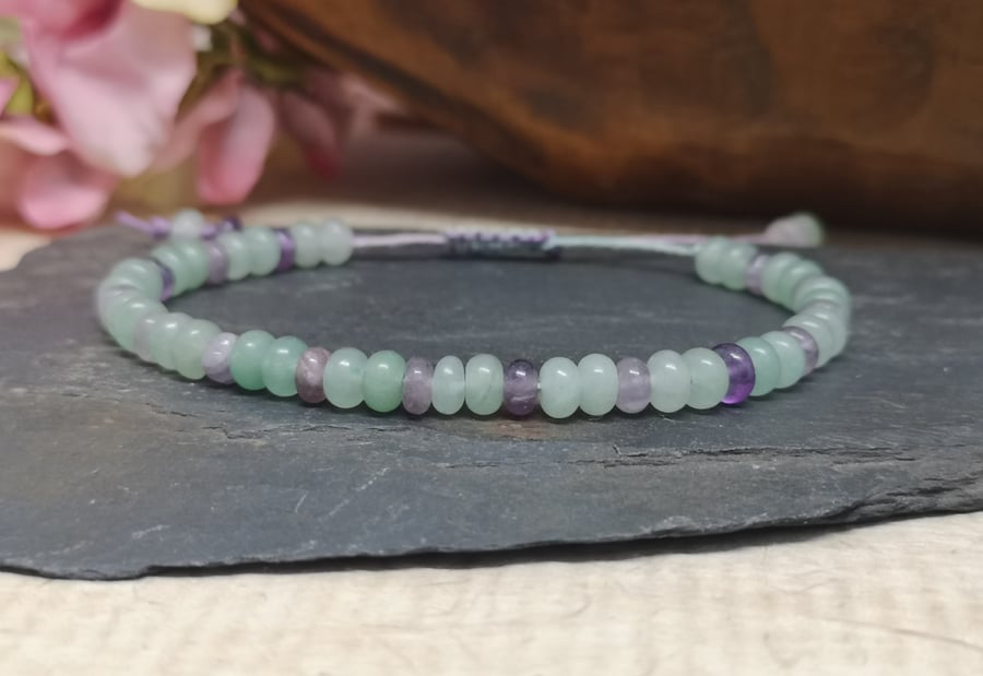 Amethyst and green aventurine bead hemp cord adjustable bracelet 