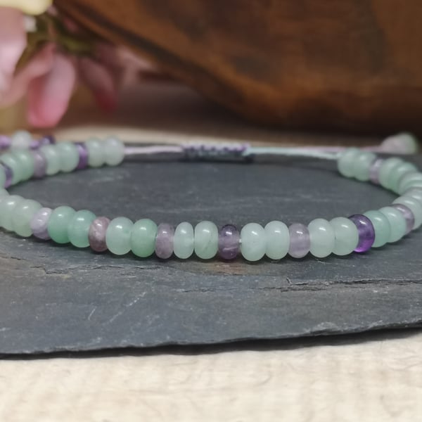 Amethyst and green aventurine bead hemp cord adjustable bracelet 