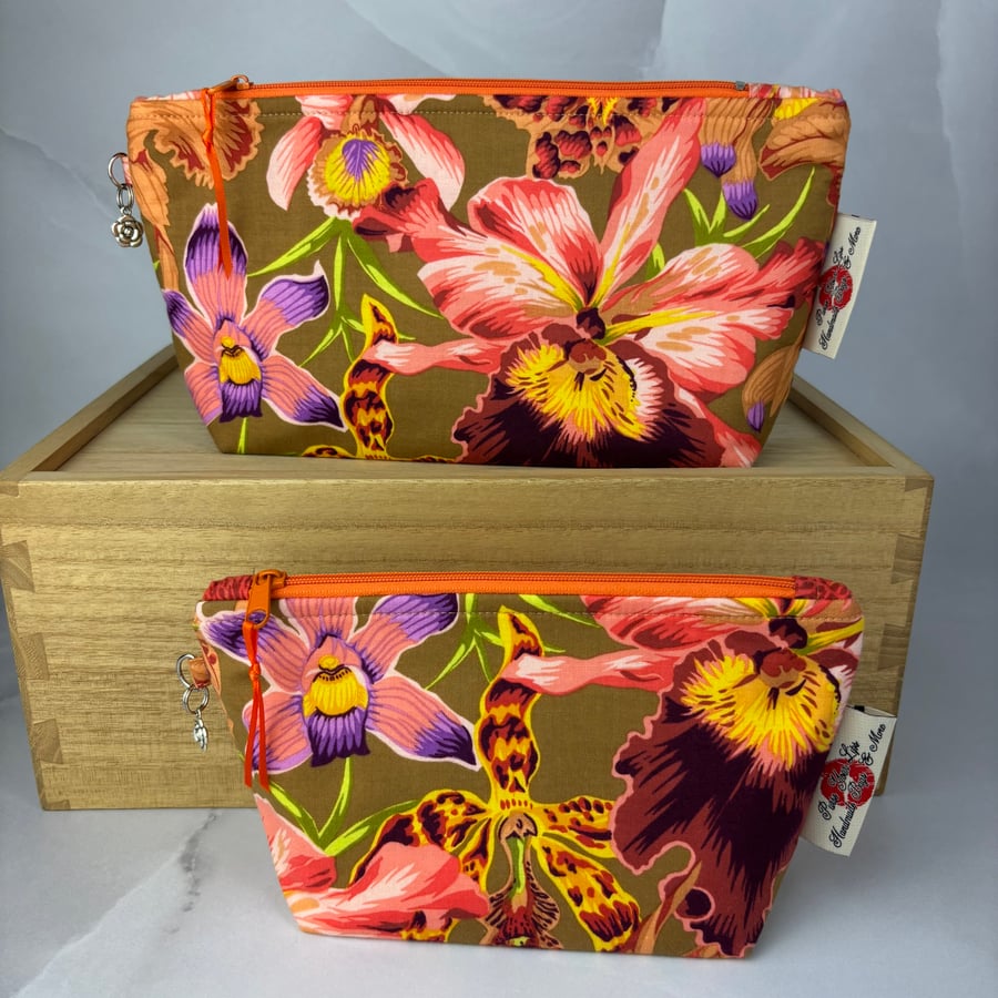 Handmade Orchid zip bag with flower charm and ribbon in 2 size options