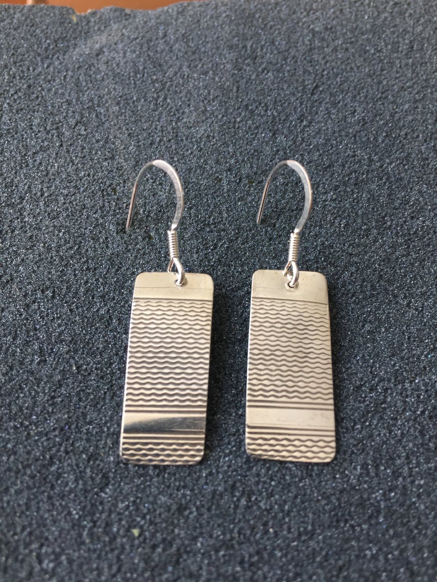 Oblong, silver, engine turned pattern earrings