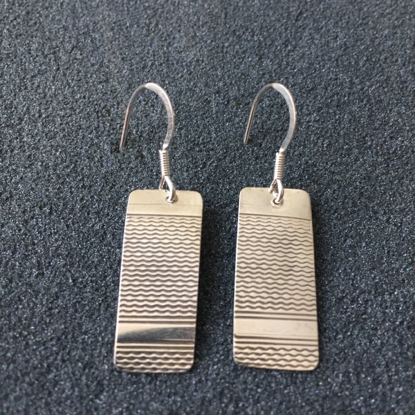Oblong, silver, engine turned pattern earrings