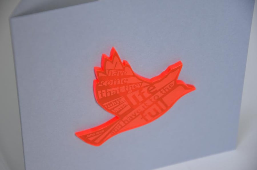 'Laser Tweet' card (grey, with orange acrylic bird)