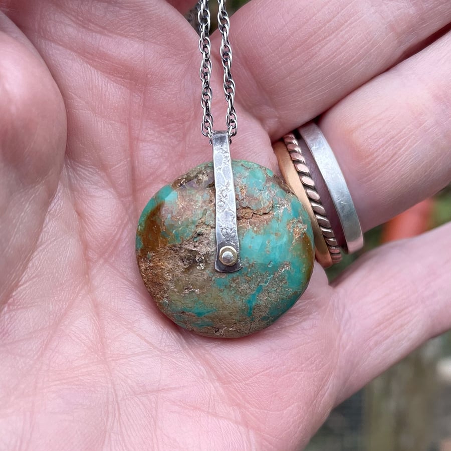 Large circular turquoise bead pendant and chain