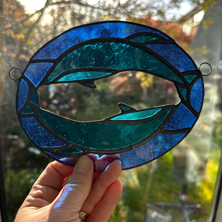 Stained Glass Dolphin Oval Suncatcher