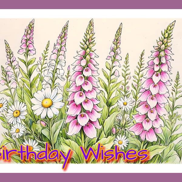 Birthday Wishes Foxgloves Daisy Drawing Card A5
