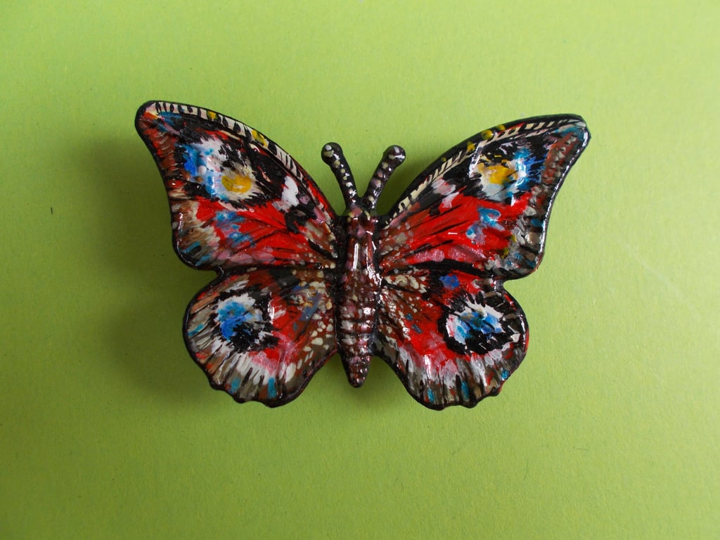 Hand Painted RED PEACOCK BUTTERFLY BROOCH : Red Butterfly Corsage Lapel Pin 