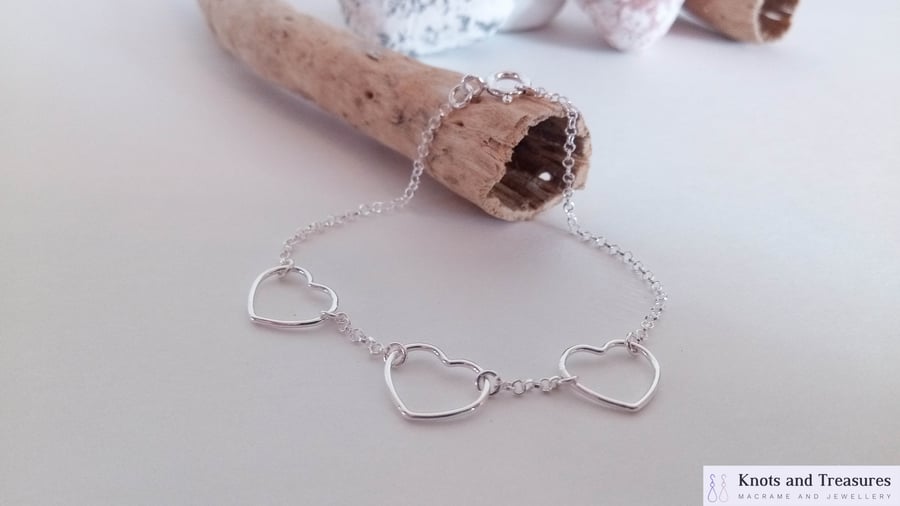 Sterling Silver Three Heart Bracelet