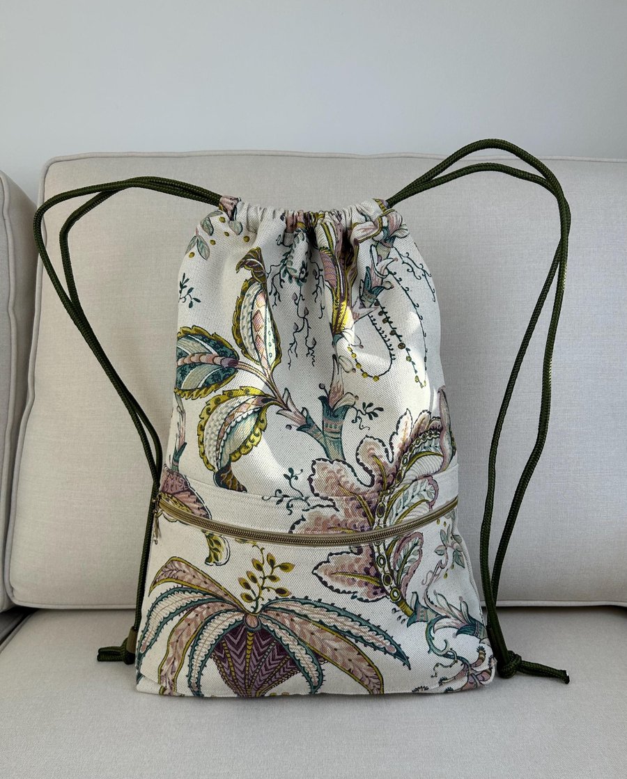 Floral Drawstring Backpack, Botanical Print Gym Bag, Lightweight Fabric Cinch Sa