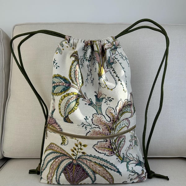 Floral Drawstring Backpack, Botanical Print Gym Bag, Lightweight Fabric Cinch Sa