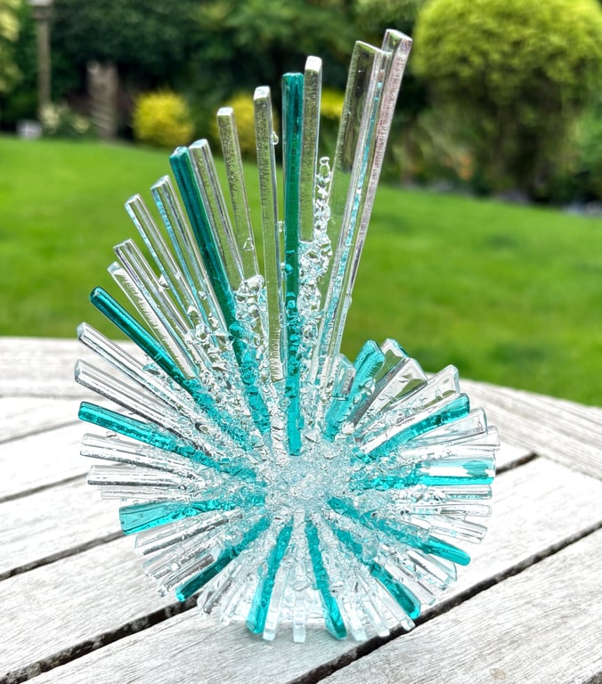 Aqua fused glass ammonite sculpture with candle crib 