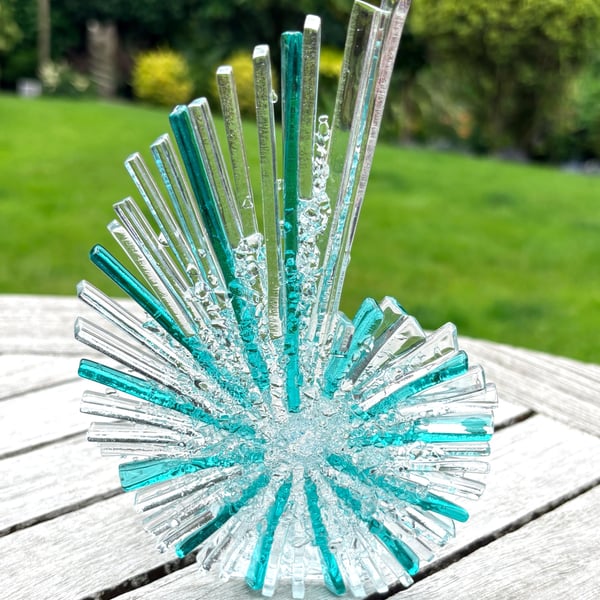 Aqua fused glass ammonite sculpture with candle crib 