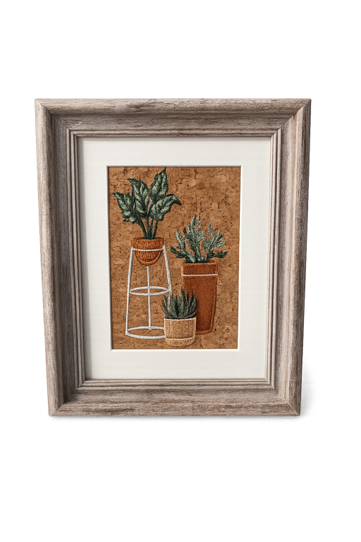 Framed Machine Embroidery Botanical Wall Art on Cork Fabric – Rustic Textile Art