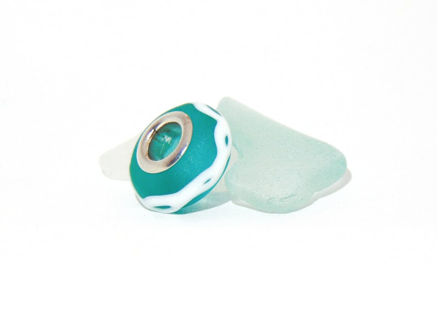 Handmade Seaglass Charm Bead with Silver Core Pandora Troll Bead 5mm Hole Size 