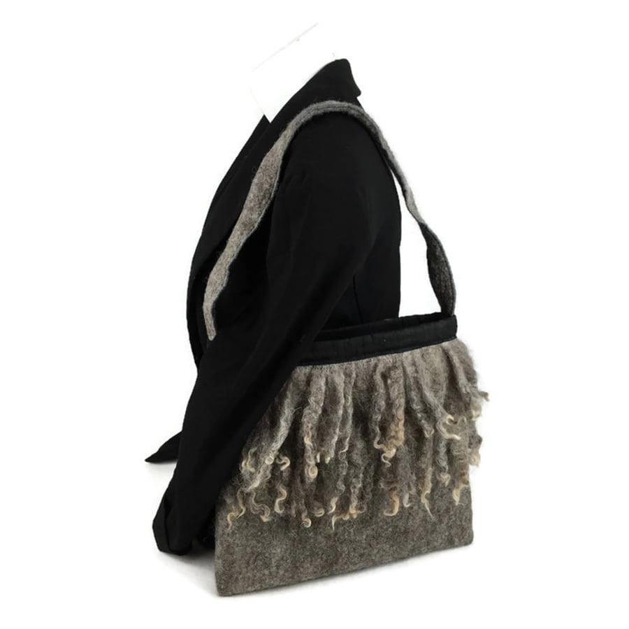 Reduced - Felted hand bag, shoulder bag,embellished with curly wool locks