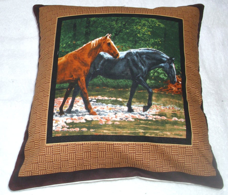 Two Wild horses walking through a stream cushion