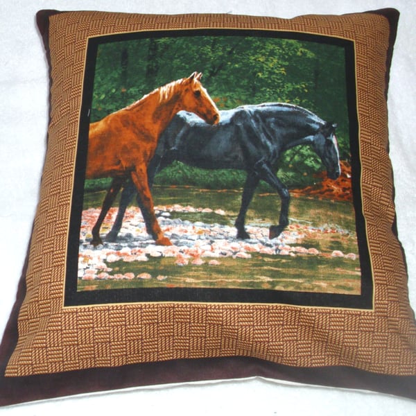 Two Wild horses walking through a stream cushion