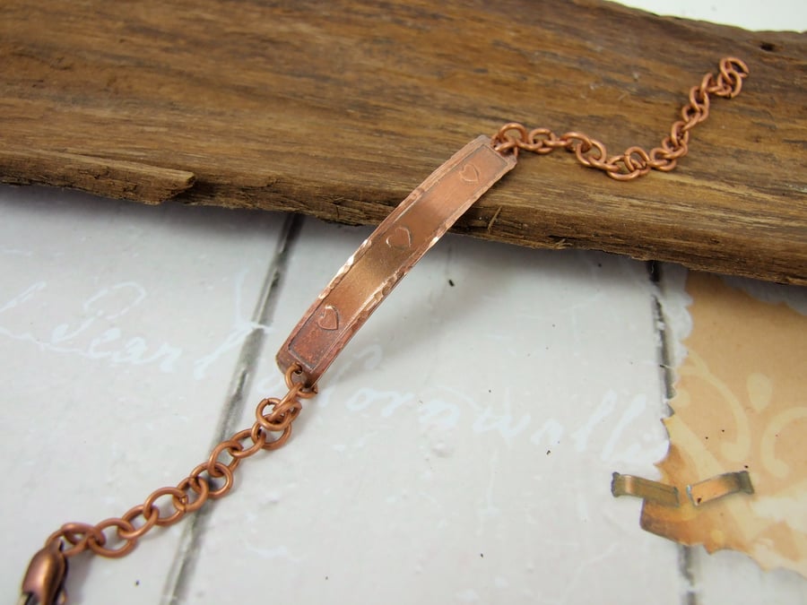 Copper Bracelet, Hand Forged and Etched with Tiny Hearts
