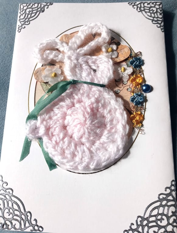 Pretty Rabbit Aperture Card  -  Cosy Crochet Rabbit Card -  Treasured Keepsake