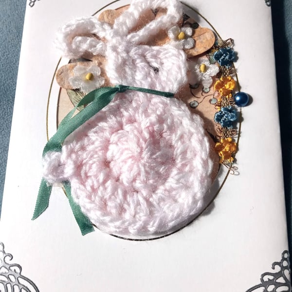 Pretty Rabbit Aperture Card  -  Cosy Crochet Rabbit Card -  Treasured Keepsake