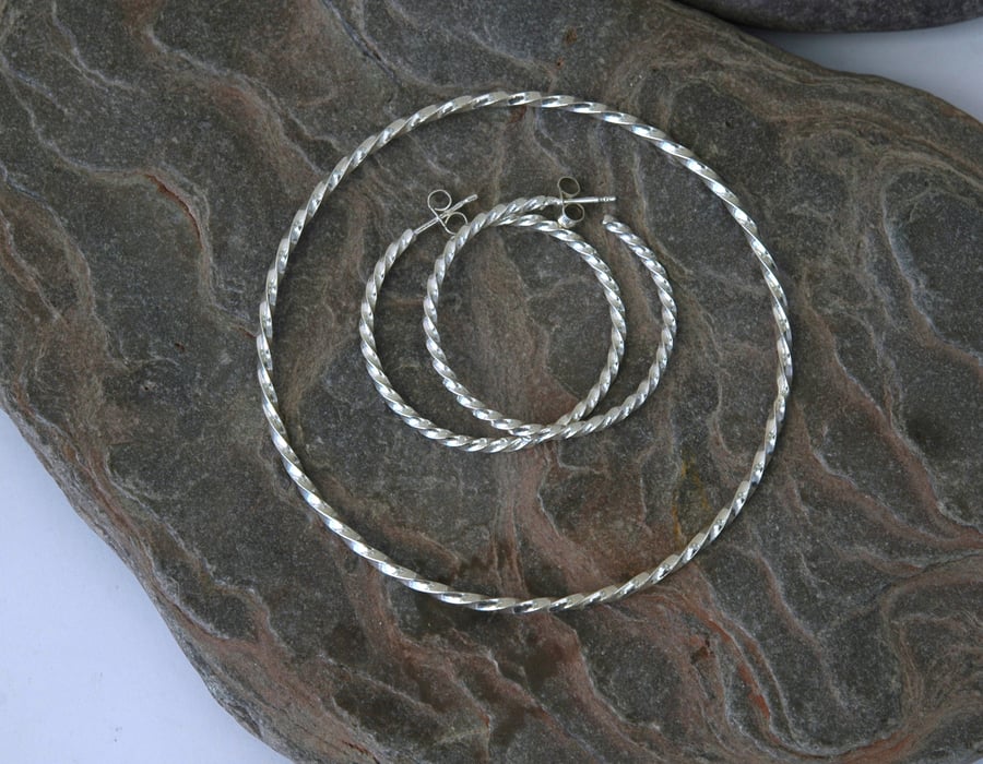 Jewellery Set - Sterling Silver Twist Bangle and Earrings.  S12