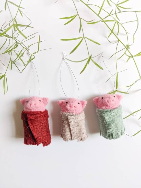 Woolly Pigs in Blankets - Needle Felt Felted Wool Christmas Ornament Decoration
