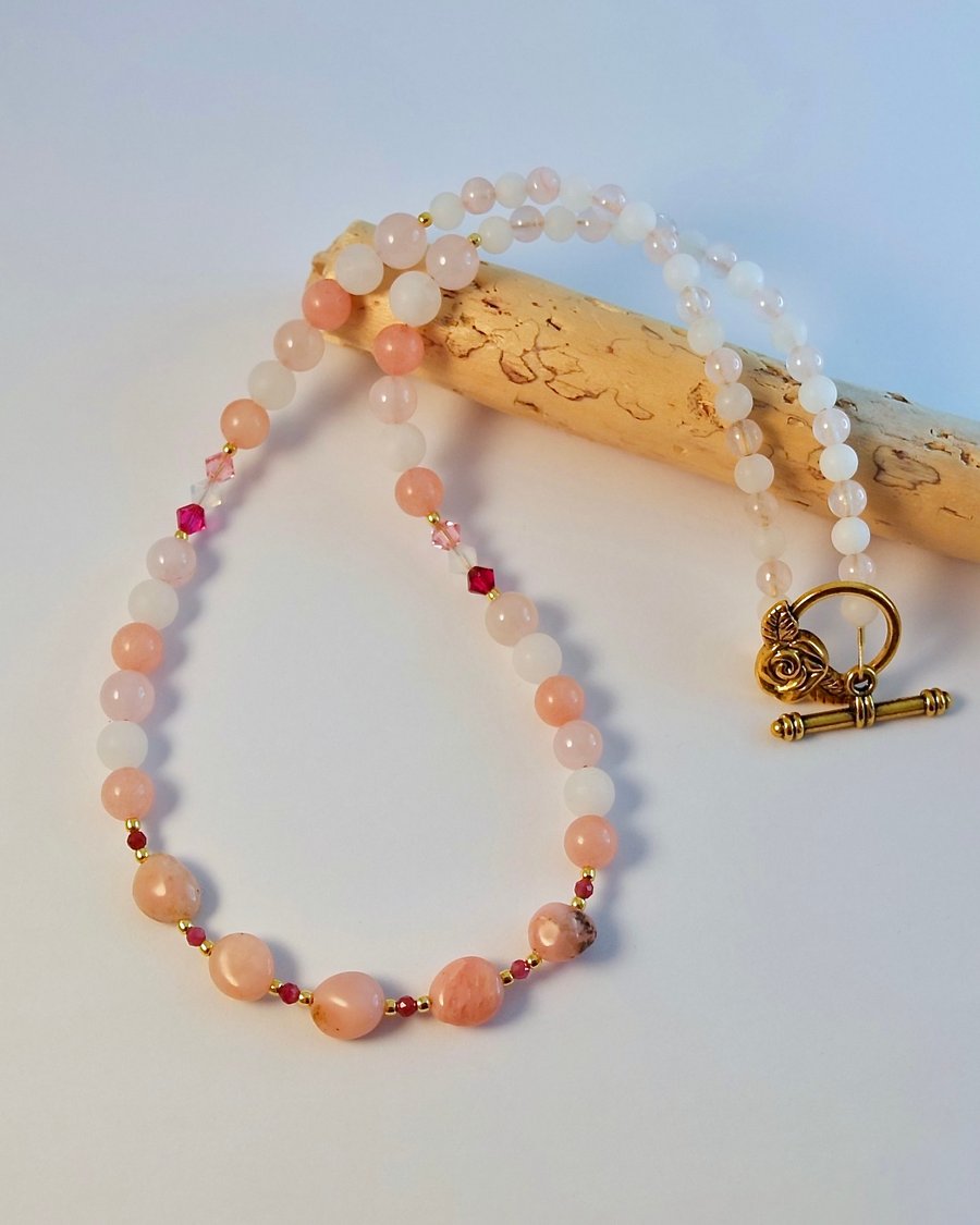 Pink Opal, Rose Quartz & White Jade Necklace With Faceted Tourmaline & Crystal
