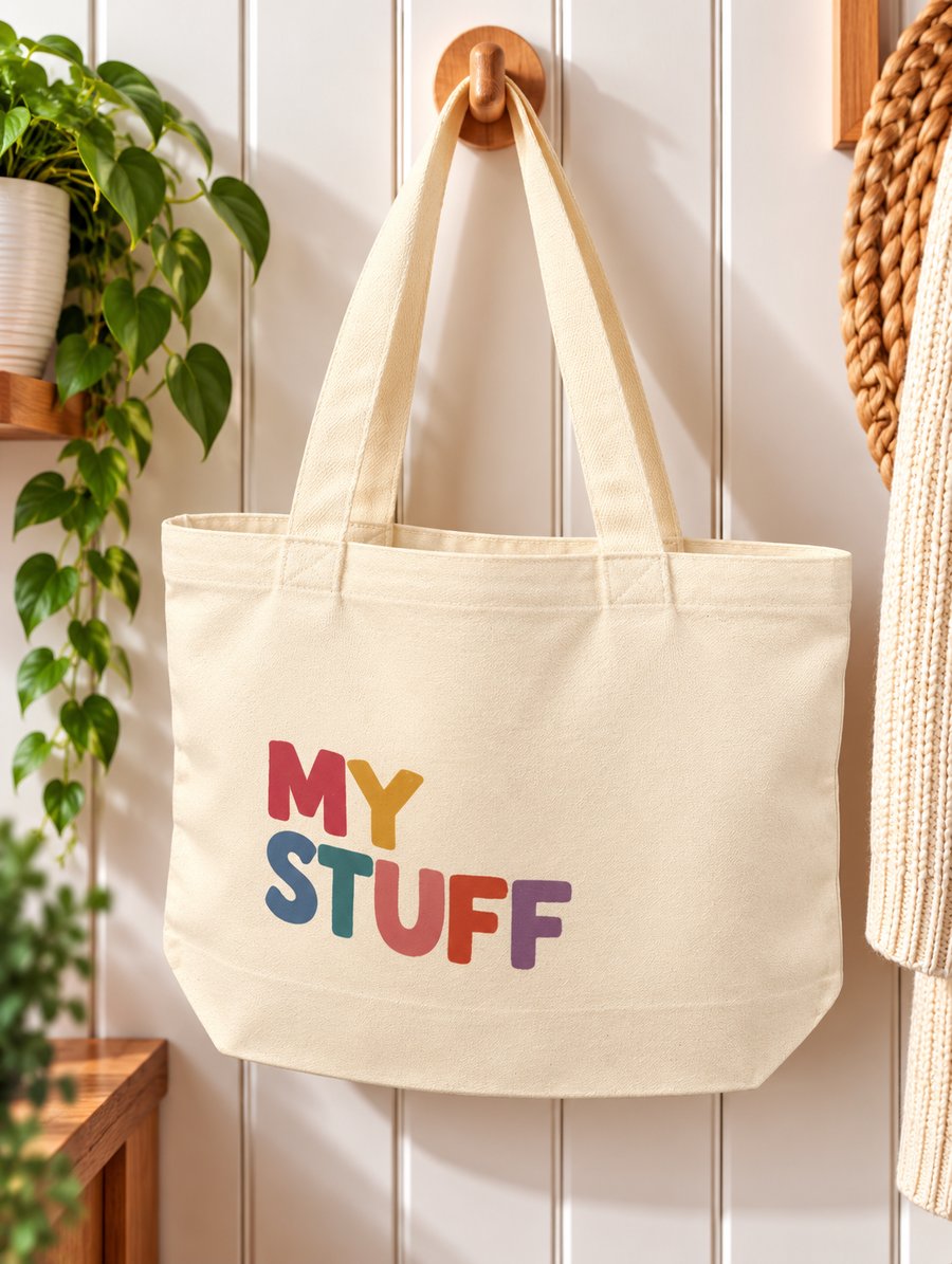 My Stuff Tote Bag – Colourful Retro Canvas Shopping Bag with Zip – Everyday Gift