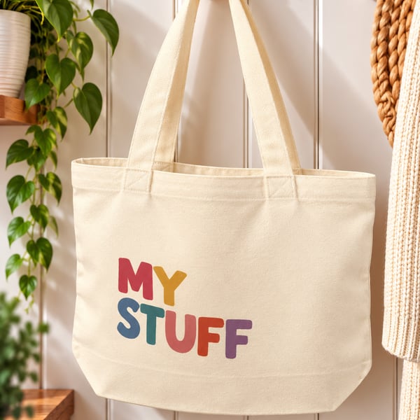 My Stuff Tote Bag – Colourful Retro Canvas Shopping Bag with Zip – Everyday Gift