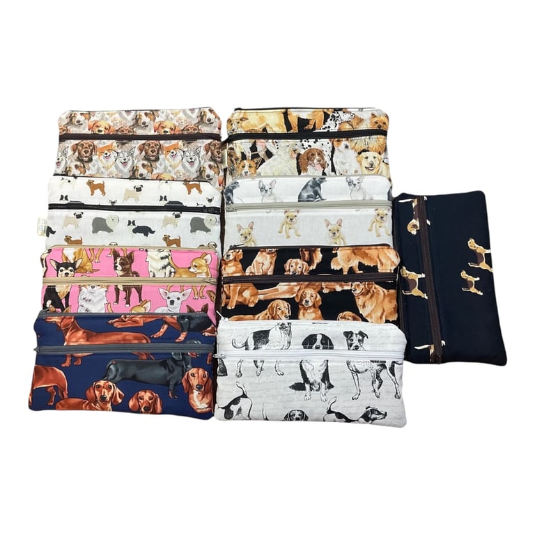 2 pocket zip pouch with dogs, double pocket case, glasses and phone holder, craf