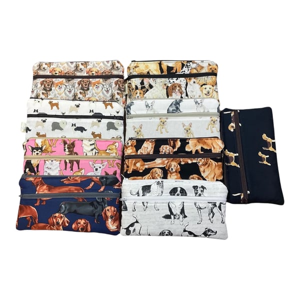 2 pocket zip pouch with dogs, double pocket case, glasses and phone holder, craf