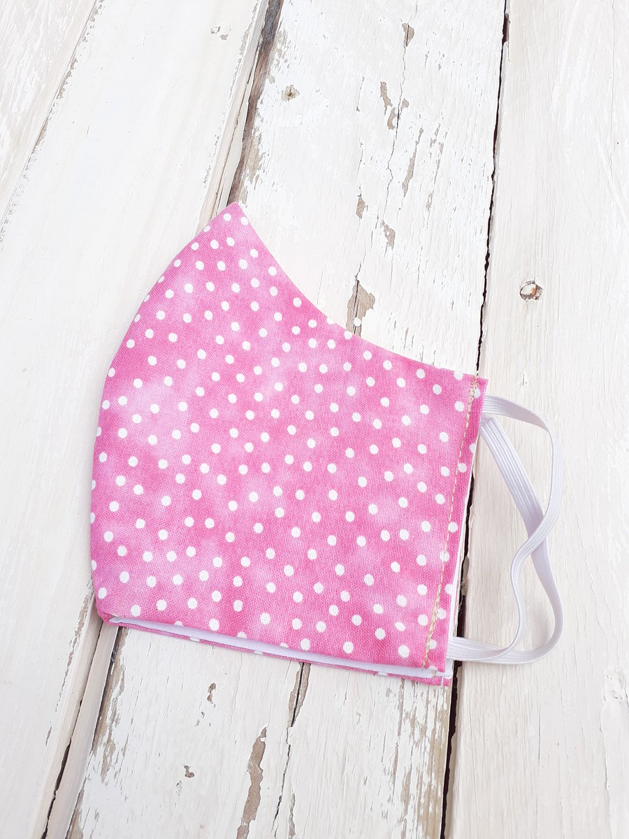 Adult Sized Face Mask Pink With White Polka Dots