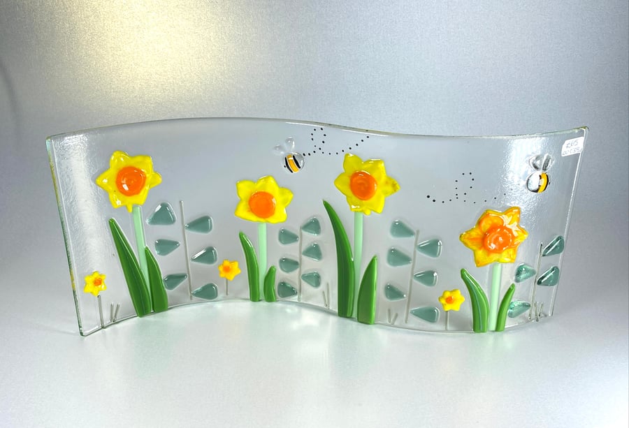 Gorgeous fused glass daffodil ornament- glass art