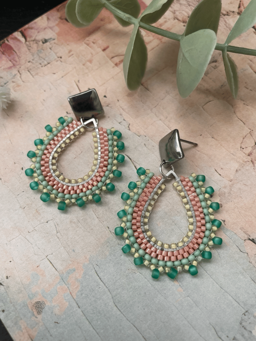 Pretty delicate handcrafted beaded tear drop statement dangle earrings 