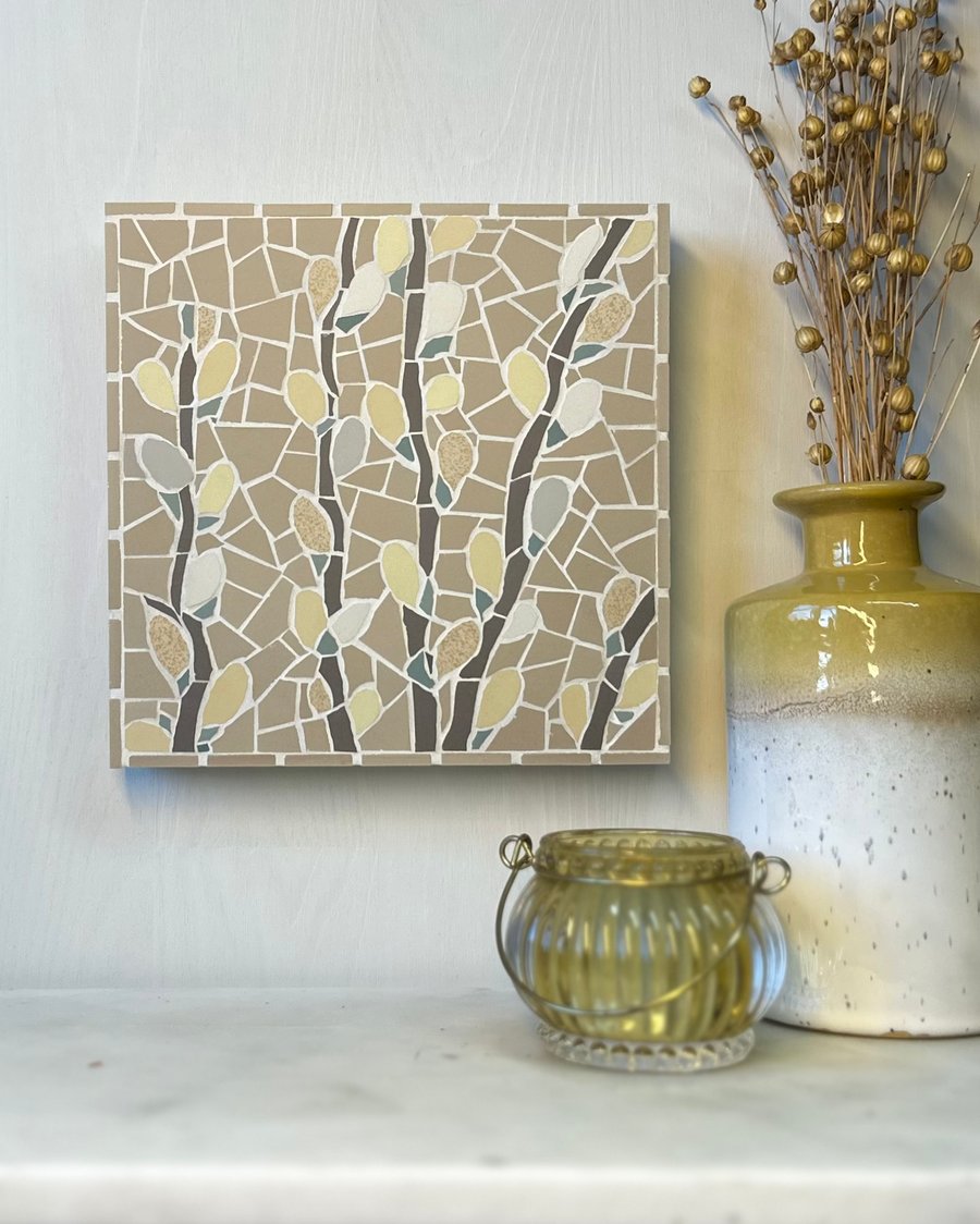 Mosaic Floral Art - Pussy Willow Mosaic Wall Plaque In Yellows