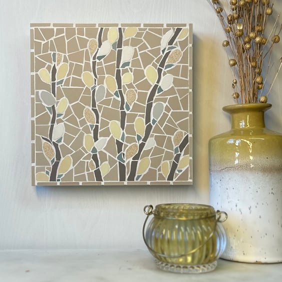 Mosaic Floral Art - Pussy Willow Mosaic Wall Plaque In Yellows