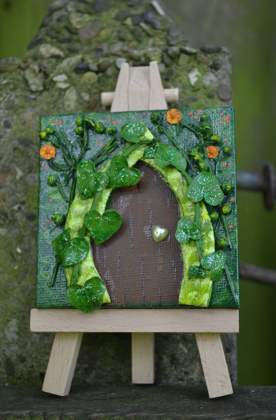 Green & Orange Fairy Door - Original mixed media mini painting